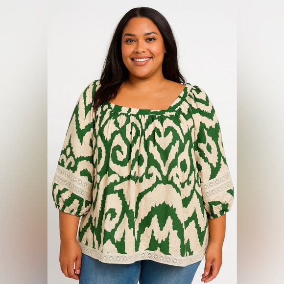 NWT rachel Zoe linen blend square neck puff sleeve green ikat top size 3X lace - Picture 1 of 7